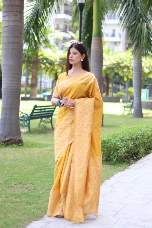 RUTRANG – Banglori Handloom Raw Silk Saree - Yellow