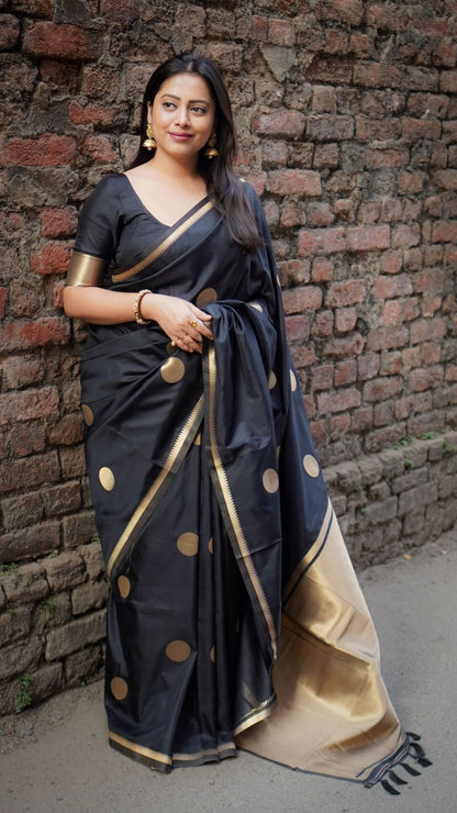 AK-414 BLACK POLKI – Elegant Semi Soft Silk Zari Woven Saree
