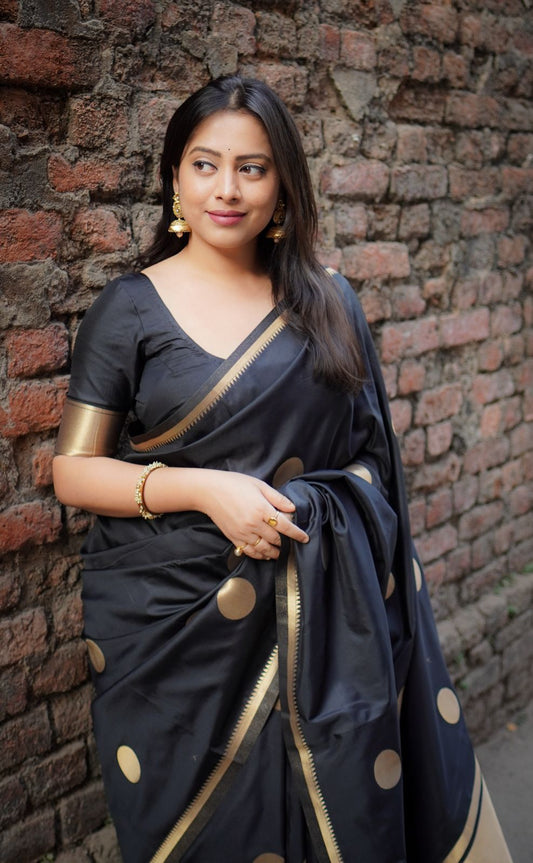AK-414 BLACK POLKI – Elegant Semi Soft Silk Zari Woven Saree