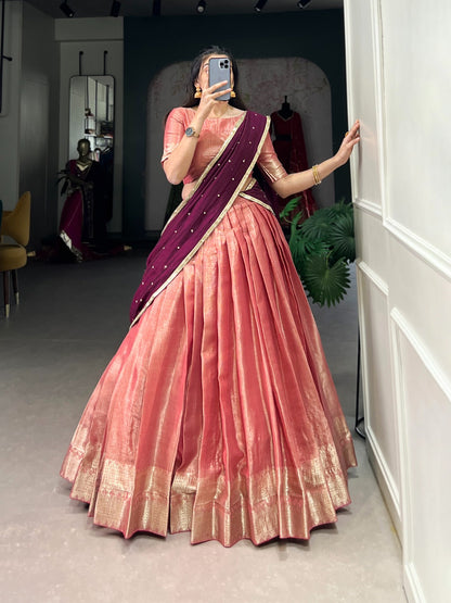 KESARIYA Collection – South’s Signature Weave in a Festive Lehenga Set - PEACH