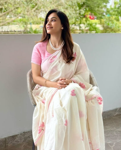 MG589 – Mangalya Linen Saree with Fancy Lace Border