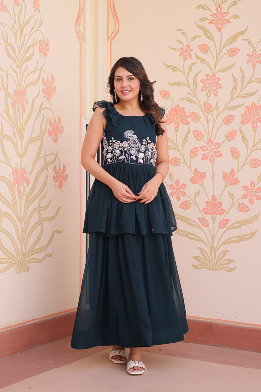 Peplum Style Gown with Bead Embroidery in Faux Blooming Fabric – KA-1175 Rama