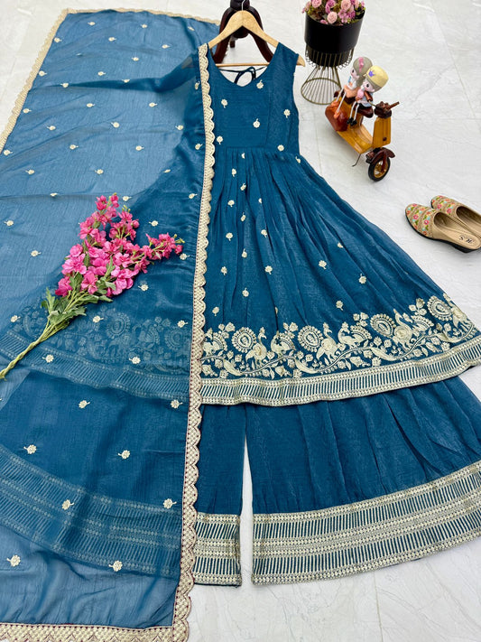 ZB-5055 – New Designer Party Wear Sharara Suit Set - Peacock Green