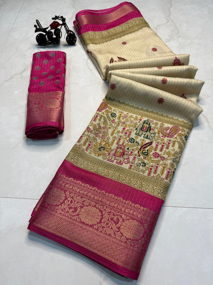 Rekko Silk Saree with All-Over Floral Design & Contrast Border - Pink