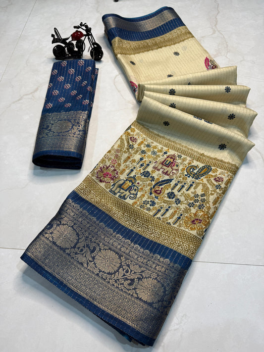 Rekko Silk Saree with All-Over Floral Design & Contrast Border - Blue