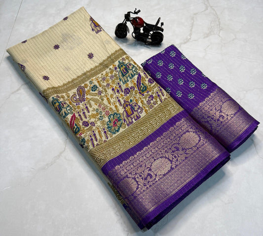 Rekko Silk Saree with All-Over Floral Design & Contrast Border - Violet