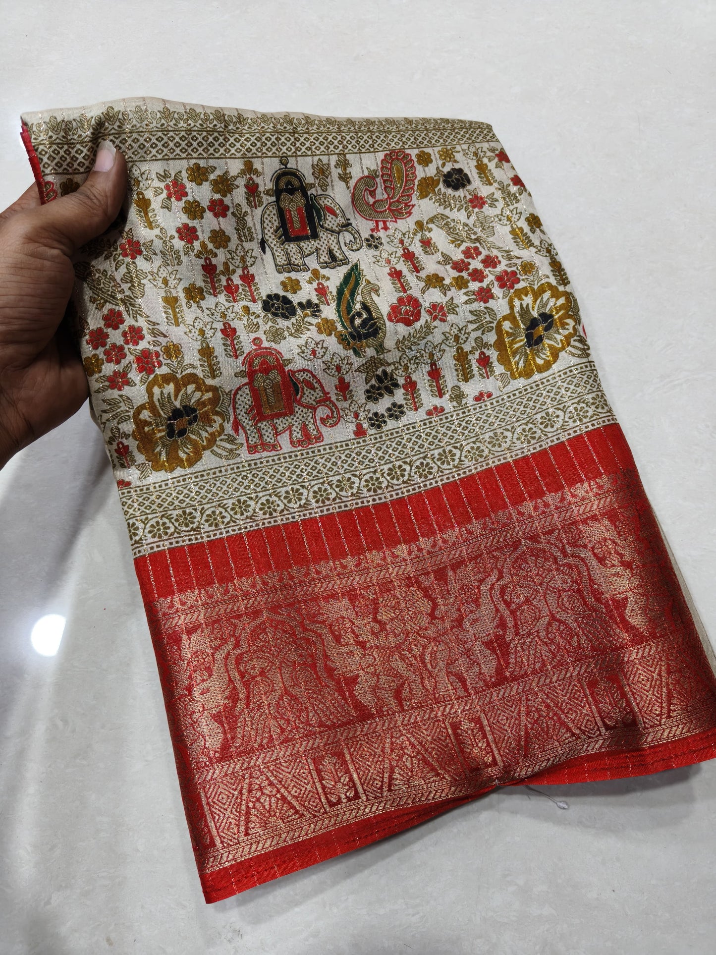 Rekko Silk Saree with All-Over Floral Design & Contrast Border - Red