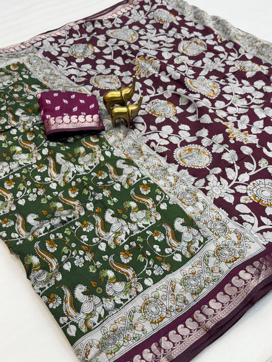 Mangalagiri Silk Saree with Kalamkari Art - Green
