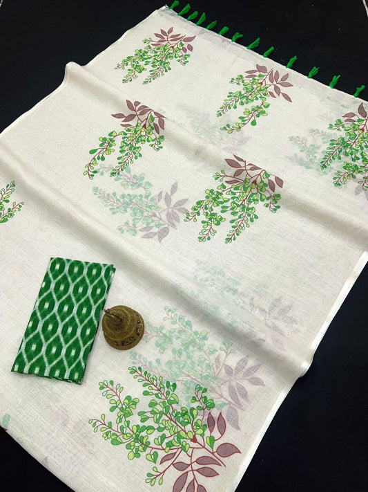 MG529 – Mangalya Linen Saree with Latkan Detail - Green