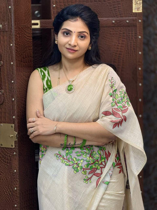 MG529 – Mangalya Linen Saree with Latkan Detail - Green