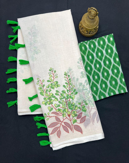 MG529 – Mangalya Linen Saree with Latkan Detail - Green